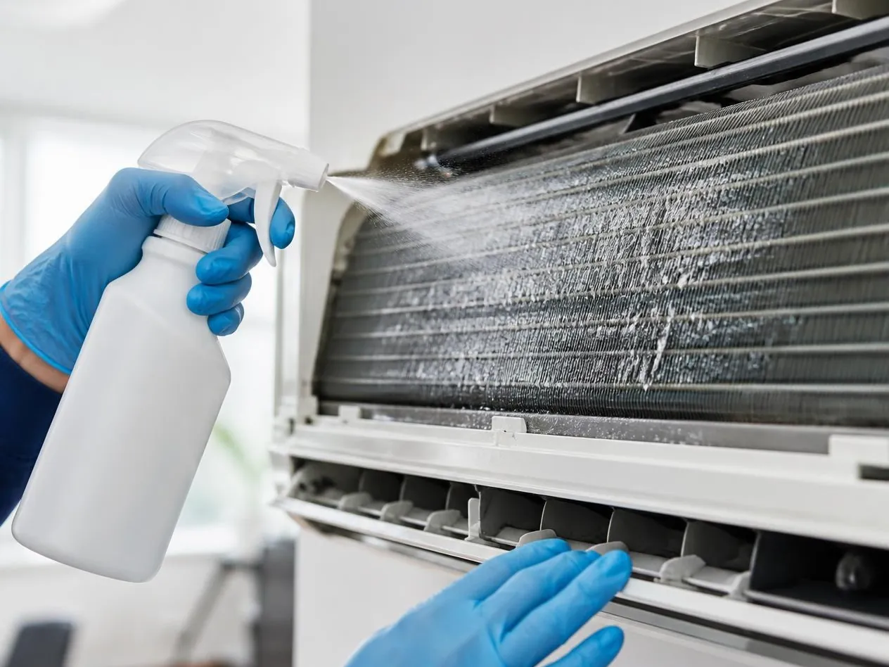 Aplicação de produto de limpeza nas aletas da evaporadora de ar-condicionado